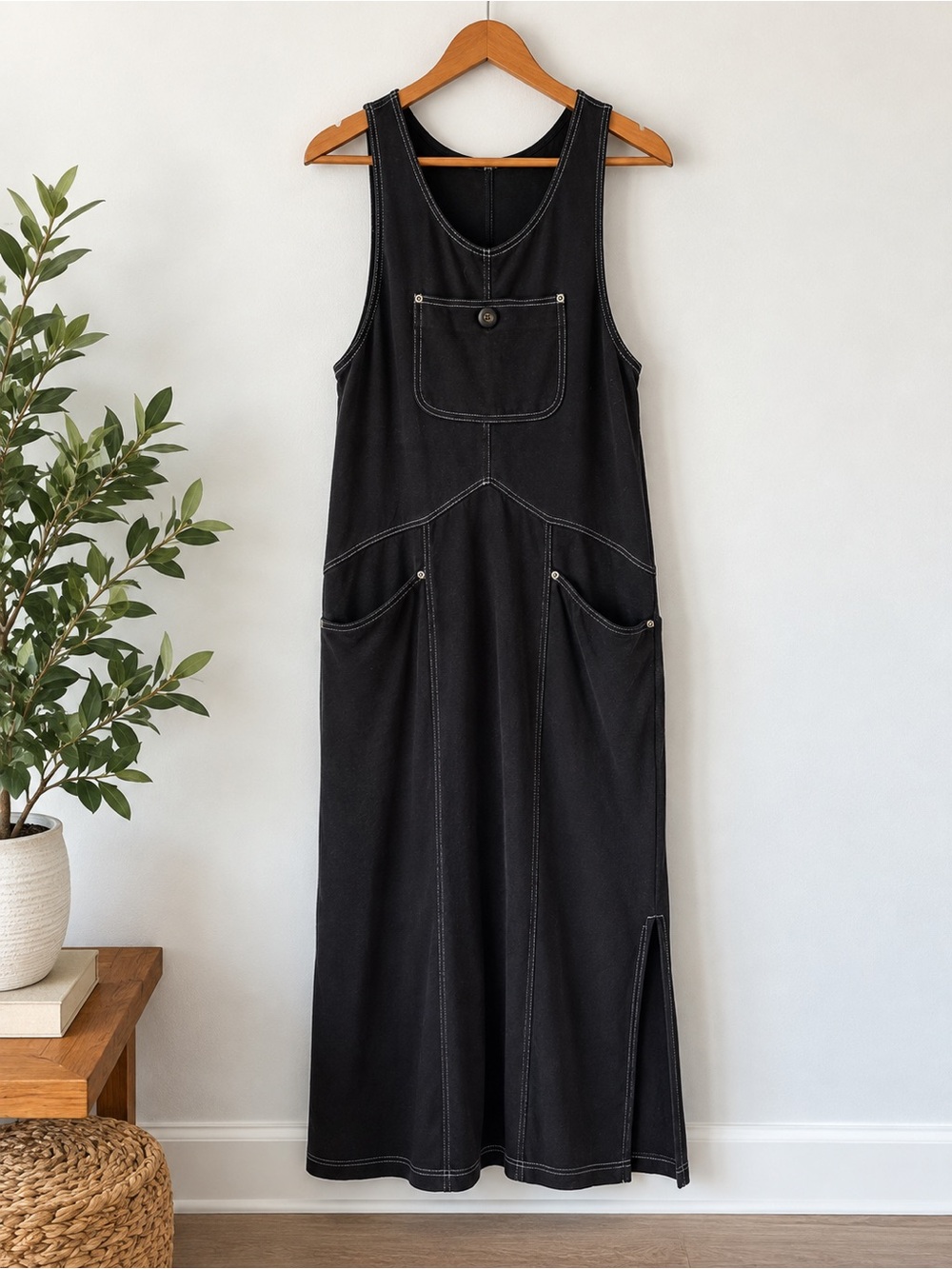 Style Studio Black Overall Dress Utility Jumper Pocket Dress Small